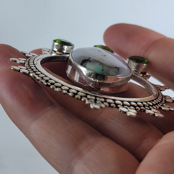 Handmade Silver Pendant – Dendritic Opal & Peridot + 20" Silver Snake Chain - Picture 7 of 10